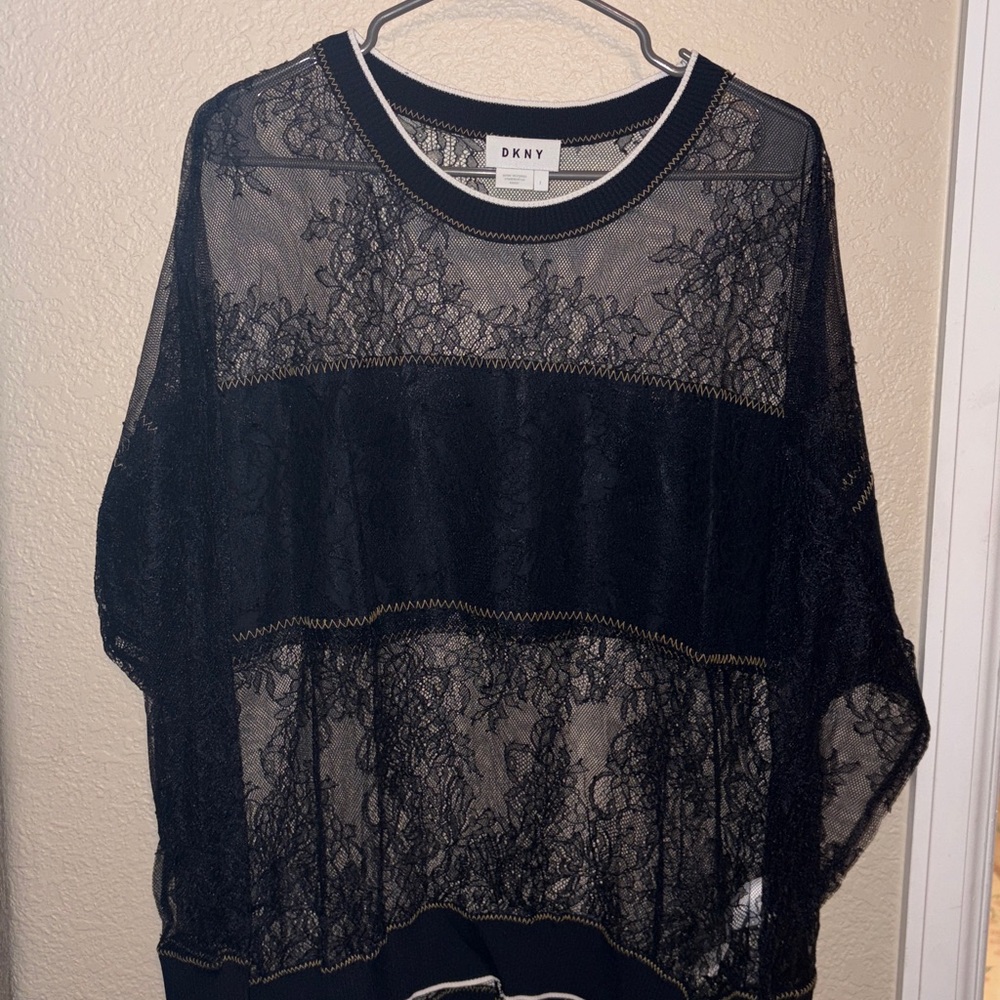 DKNY Blue Sheer Lace Top with Gold Accent Stitching
